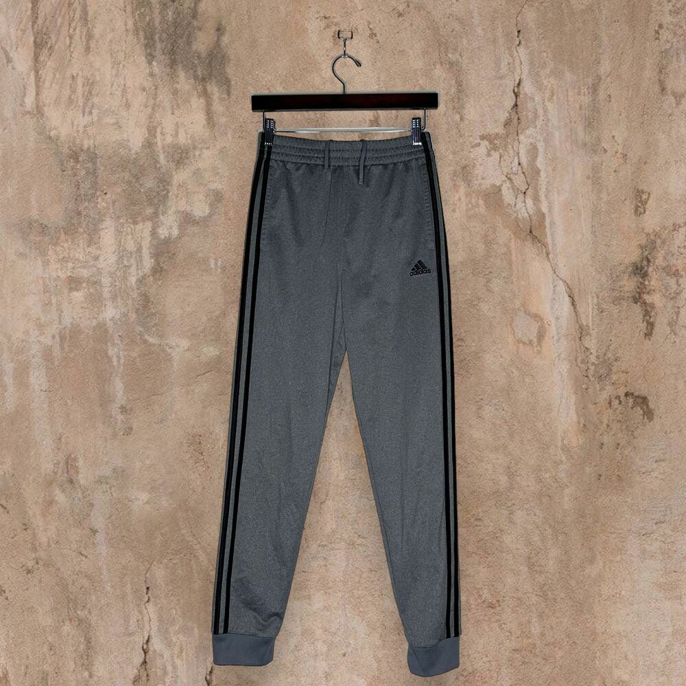 Vintage Y2K Adidas Sweatpants Youth L Grey Polyester Joggers Black 3 Stripes - Picture 2 of 6